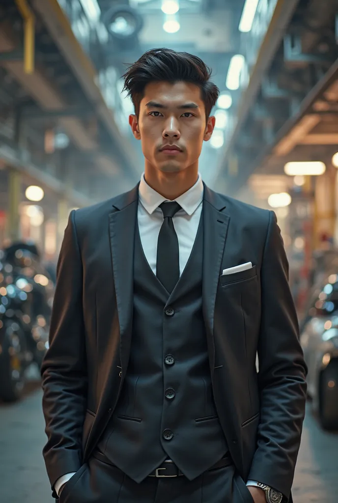  boy,  brown, with dark hair and dark eyes. Dressed as an entrepreneur and an automotive industry in the background 