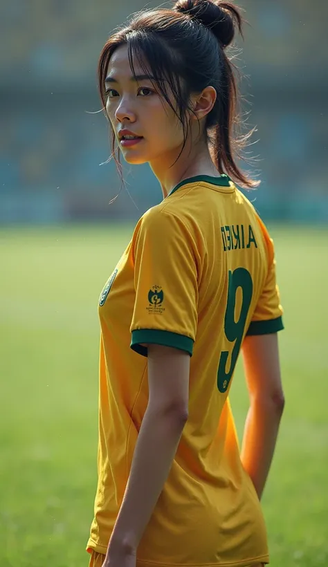 very realistic dont look camera full body A girl in footbal match play footboll looks sexy and sweaty his nippies lookable she is japan and camera far away nude