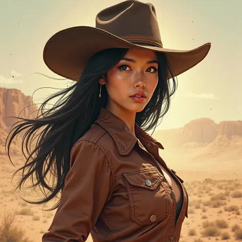 1girl, asian woman, long black hair, brown eyes, cowboy hat, western, gunslinger