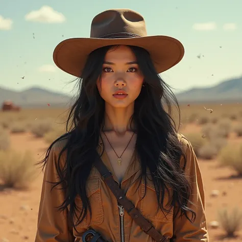 1girl, asian woman, korean, long black hair, brown eyes, cowboy hat, western, gunslinger