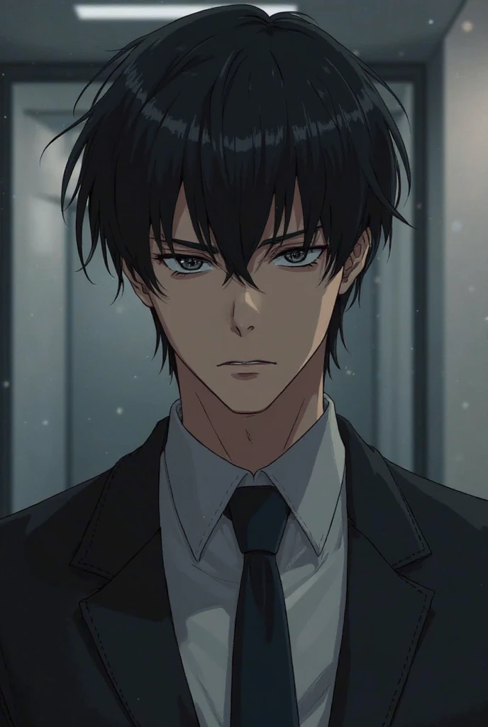 *He had black hair and a jaded face. He was wearing a suit. C'était un assez belle homme qui devait avoir 25 ans.* anime