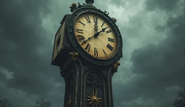 "Old slowly rotating tower clock, pointers moving in slow motion, dark background with clouds passing quickly, surreal and mysterious effect."