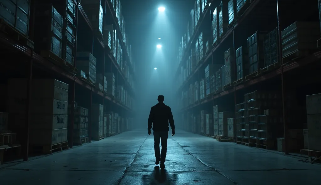 Security Guard on Night Patrol – A lone security guard walking through the aisles of an empty warehouse, holding a flashlight. His face is calm but alert.