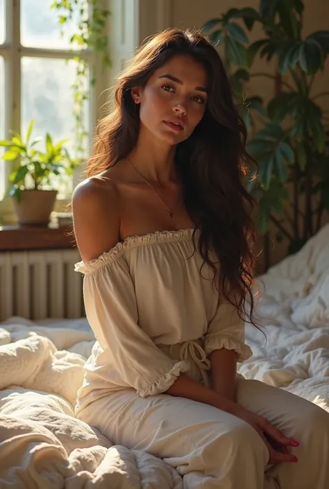 (photorealism:1.2), beautiful woman, sitting on bed, wearing loose off-shoulder top, pajama pants, long curly hair, indoors, soft lighting, plants in background, window with sunlight, cozy room, relaxed pose, realistic, intricate details, warm colors, by G...