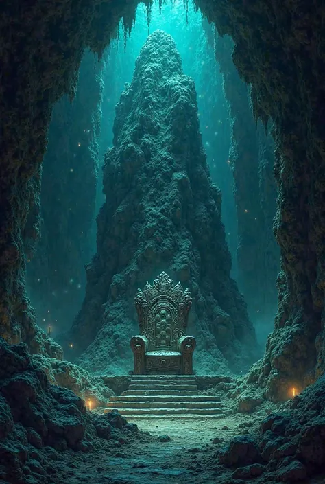 Create a very dark cave, illuminated only by bioluminescent insects. In this cave there must be a throne supported by a mountain of earth.