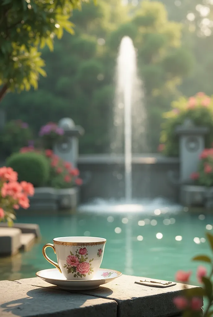 A beautiful cup next to a fountain 