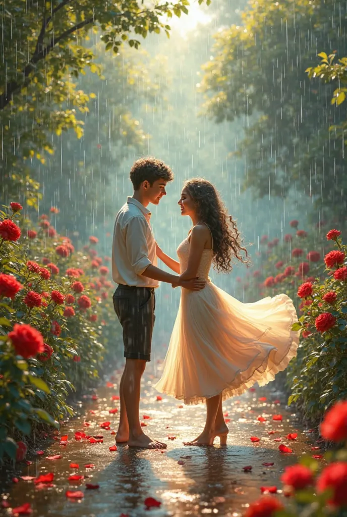 a beautiful boy and girl dancing in rain in red roses garden