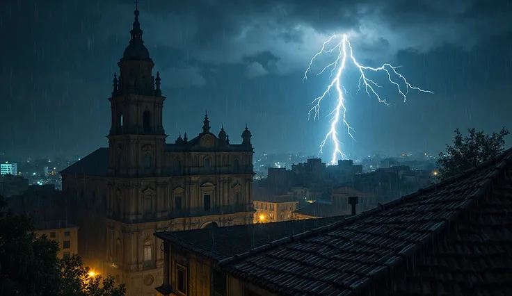 "Night storm over colonial São Paulo, lightning illuminating the dark sky, Heavy rain hitting the tiles of the Cathedral of the Cathedral, tense atmosphere,  cinematic style."
