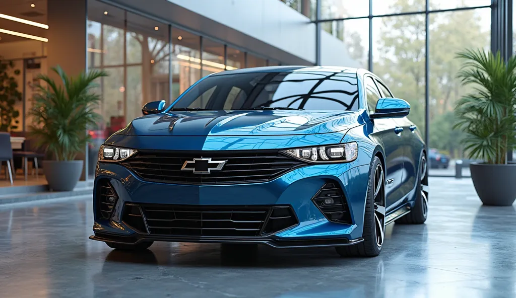 A futuristic 2025 Chevrolet Impala SS 327 in a striking metallic blue color, showcased from a full front-end perspective in a modern indoor showroom with sleek lighting. The car’s bold and aggressive stance is highlighted by a wide, low-profile grille feat...