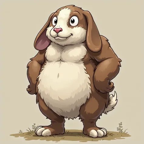 Holland Lopear, a muscular, droopy rabbit dressed as Tragall Farrow who appears in One Piece、, has short ears that hang completely down from the root 、, which is perfectly attached to the side of the face 、 his coat color is broken white and brown 
