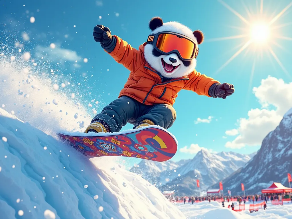 A cartoonish panda bear, fully geared up in a vibrant snowboarding outfit, soaring through the air in a spectacular jump on a halfpipe. The panda's expression is a mix of joy and determination, fully focused on the trick. Its outfit includes a sleek, high-...