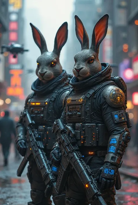 "A heavily armed humanoid rabbit in a dystopian cyberpunk setting. He wears black armor with glowing blue and orange details, equipped with high-tech gadgets. His human partner, a soldier specialized in urban warfare, wears high-tech armor with an advanced...