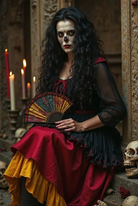 A dark brown woman with wavy black hair her face is half human and half a human skull.
She wears a black dress with red details and has ruffles on the hem of her red and yellow skirt in her hand she has a black, yellow and red fan she is sitting on a catac...