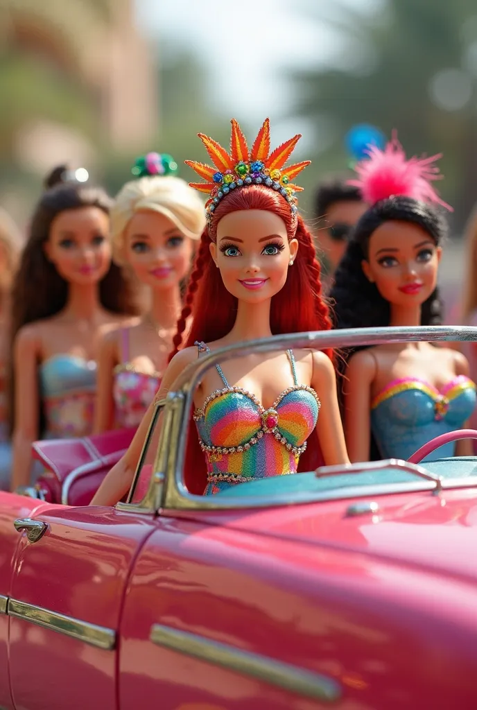 Create an image with 7 Barbies wearing LGBT carnival costumes and a convertible 
A curly blonde Barbie 
A Barbie with red and curly hair 
2 brownies with braids 
A white woman with short hair and glasses 
A blonde with straight hair below the shoulder 1 wi...