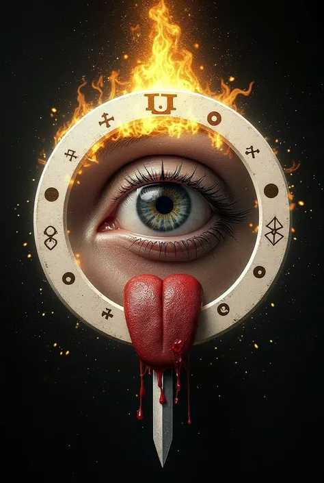 symbolic and esoteric image of a hyperrealistic human eye, with a tongue that overhangs Give it from its lower part and a dagger crossing the tongue, creating a visual of sacrifice or pain.
Blood drips from the tongue, representing a connection between sac...