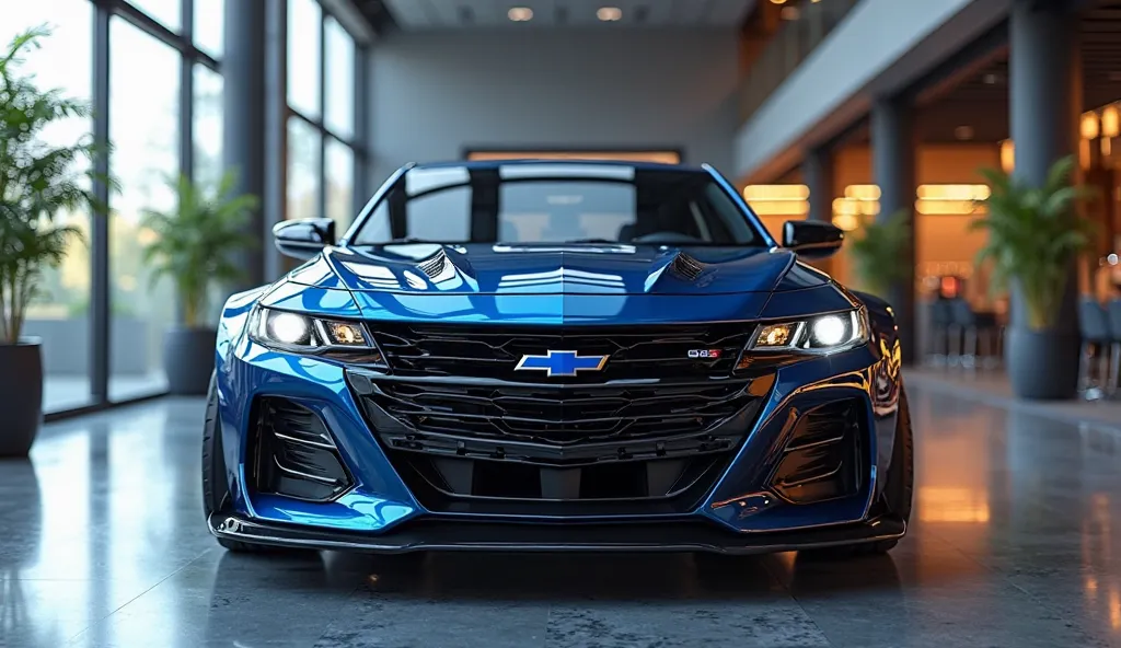 A futuristic 2025 Chevrolet Impala SS 327, finished in a deep metallic blue, showcased from a full front-end perspective in a modern indoor showroom with sleek, ambient lighting. The car exudes power and sophistication with its wide, low-slung stance and a...