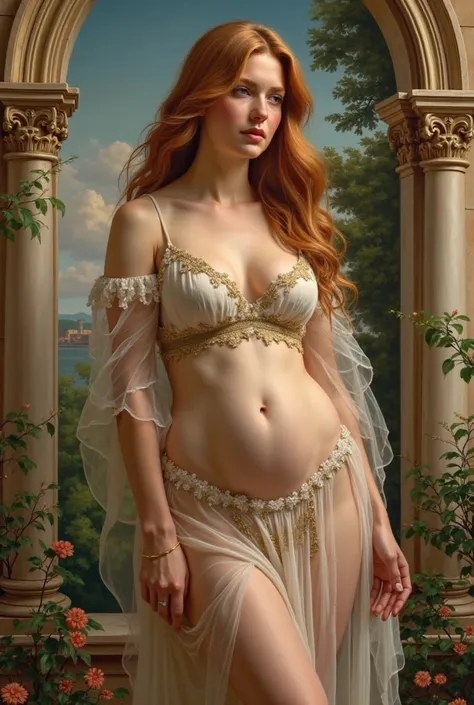 A painting painted in the style of Raphael,  is a beautiful white woman with big breasts wearing a transparent dress.