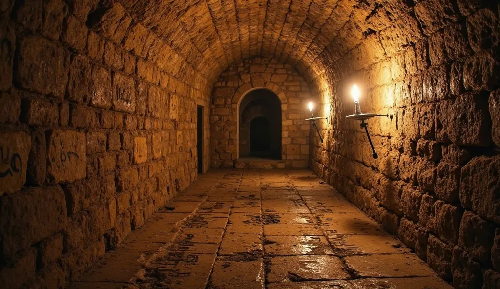 "Ancient underground room under the altar of the Cathedral of the Cathedral, stone walls with engraved symbols, dark fire marks on the floor, claustrophobic and enigmatic atmosphere, dim lighting with torches."
