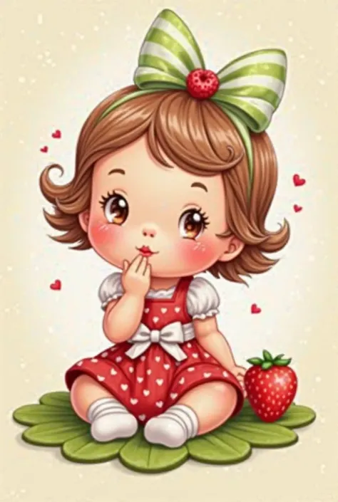 Create a ren's cartoon style image in the baby version of Strawberry Shortcake, a classic ren's cartoon character. She has cute and delicate features, with rosy cheeks. His hair is short, with curls at the ends, in a light brown tone. She wears a large bow...