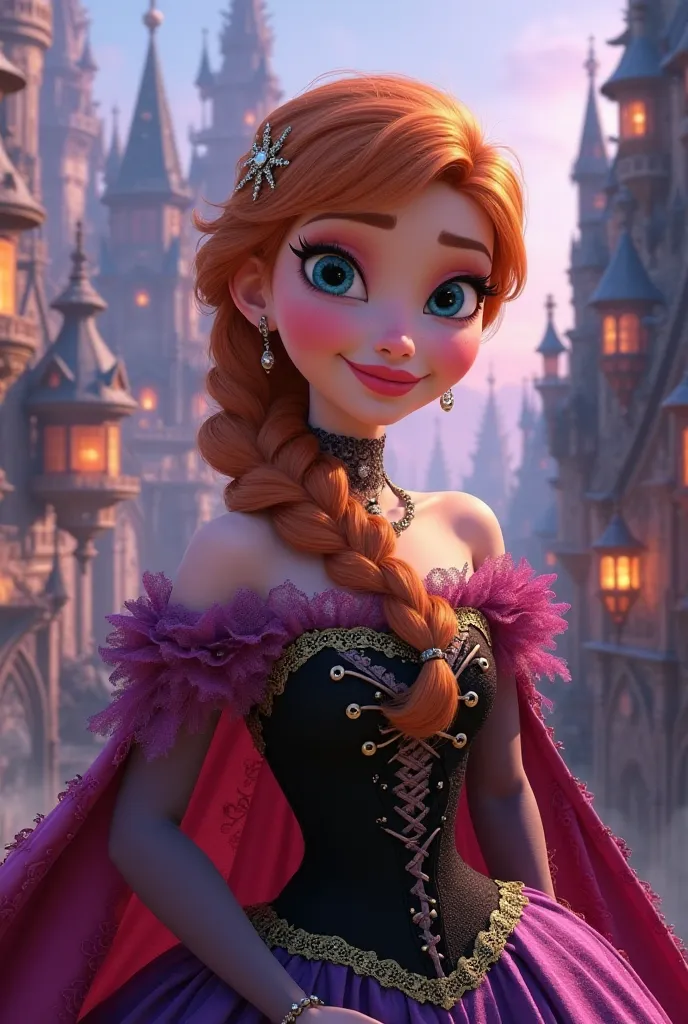 Anna from Frozen Disney style animated in Harvey Queen costume with makeup and big smile in the Gothic city 