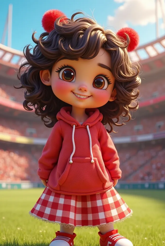  mascot, red checkered dress with red hoodie, dark brown eyes, curly hair