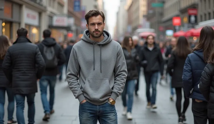 A man blends seamlessly into a bustling urban crowd, dressed in simple, neutral clothing—gray hoodie, jeans, and sneakers—just like everyone around him. His posture is relaxed, yet alert, with his head slightly down, as if he's consciously trying to avoid ...