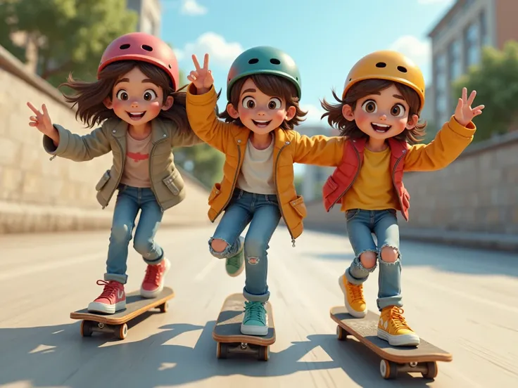  Generate in a cinematic 3D cartoon style **  3 young people skateboarding, their cheerful faces, are friends. View of the bottom image. Strong oblique perspective. 
