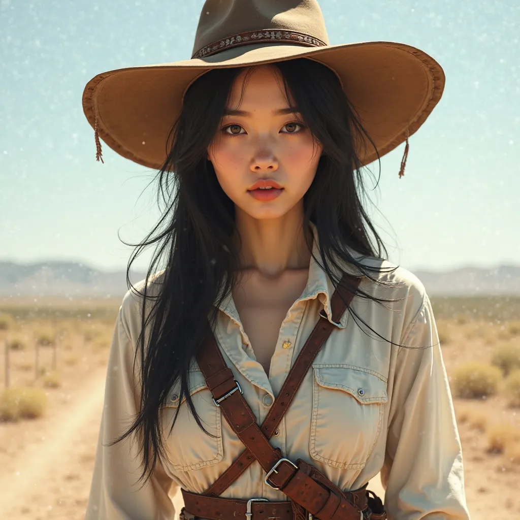 1girl, asian woman, korean, white skin, long black hair, brown eyes, cowboy hat, western, gunslinger, slim body