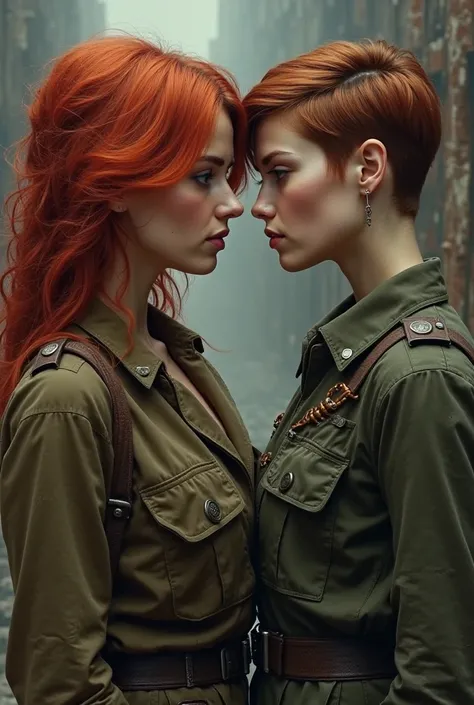 2 women, one with red hair and the other with brown army hair.
