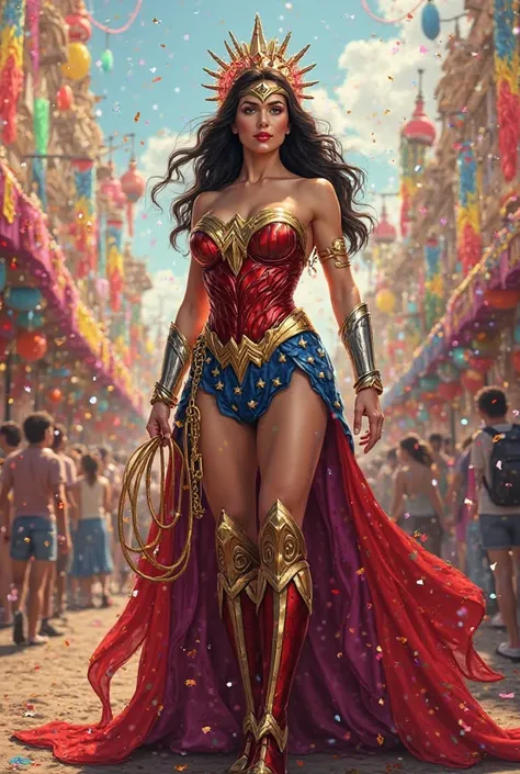 Create for me an image of Wonder Woman dressed up at Carnival 
