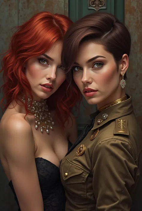 2 sexy women, one with red hair and the other with brown army hair.
