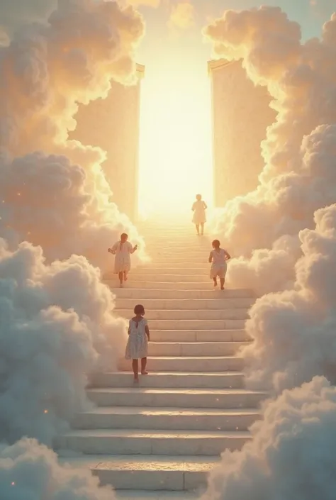 “A heavenly staircase made of white marble, rising among soft clouds illuminated by a divine light.  At the top of the stairs , there is a large radiant heavenly gate, shining with golden light and surrounded by a serene and angelic atmosphere. Several bab...