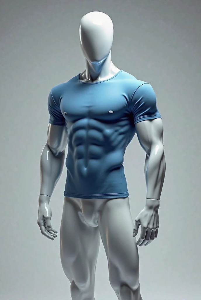 Create image of white mannequin muscular man wearing blue t-shirt