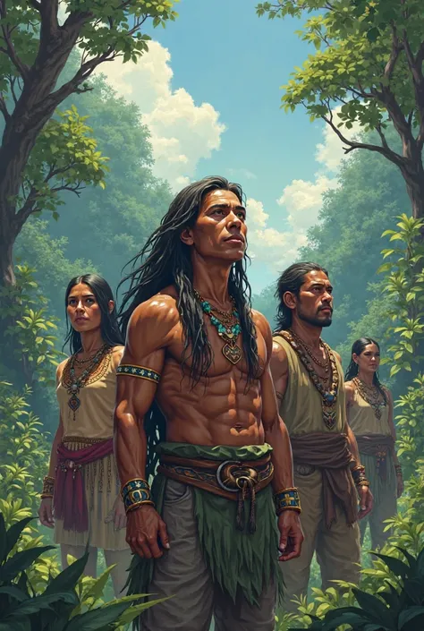 I would like to create a banner for an RPG game, highlighting the title: What if the forest ends? In addition, it must also contain some indigenous people and characters from the game.