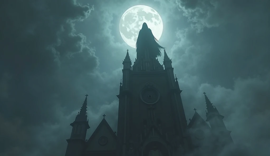 "Gloomy silhouette on top of the tower of the Cathedral of the Cathedral, indistinct face, dense fog surrounding , night sky with full moon in the background, cinematic Gothic style."