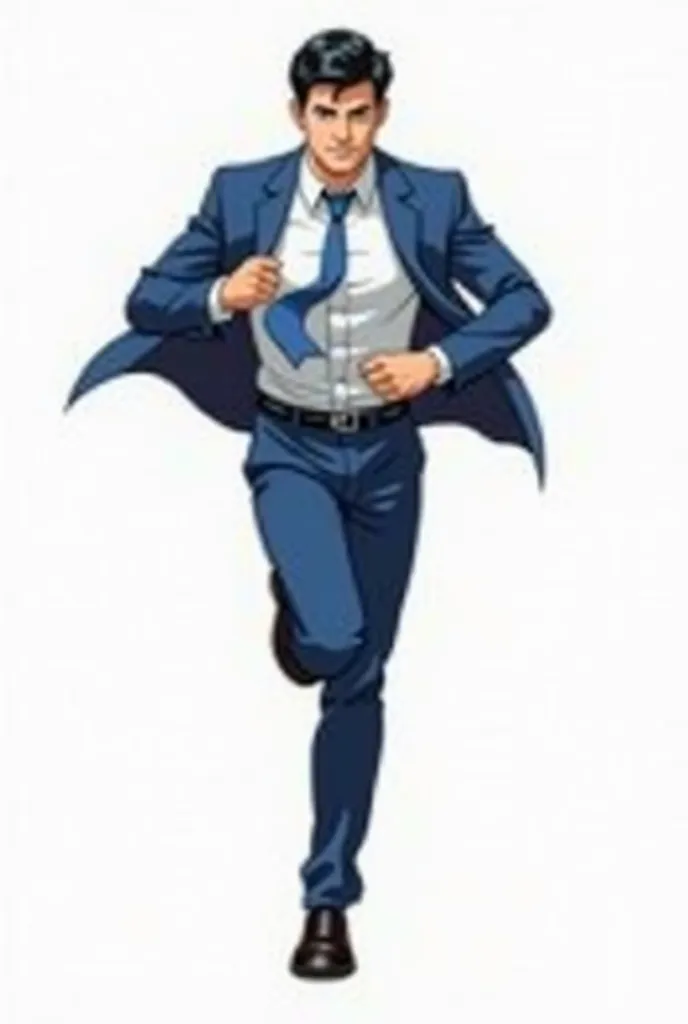 
Clark kent in blue suit and tie, black sgoes, running and unbuttoning his shirt, full body image, isolated on white background,  anime style