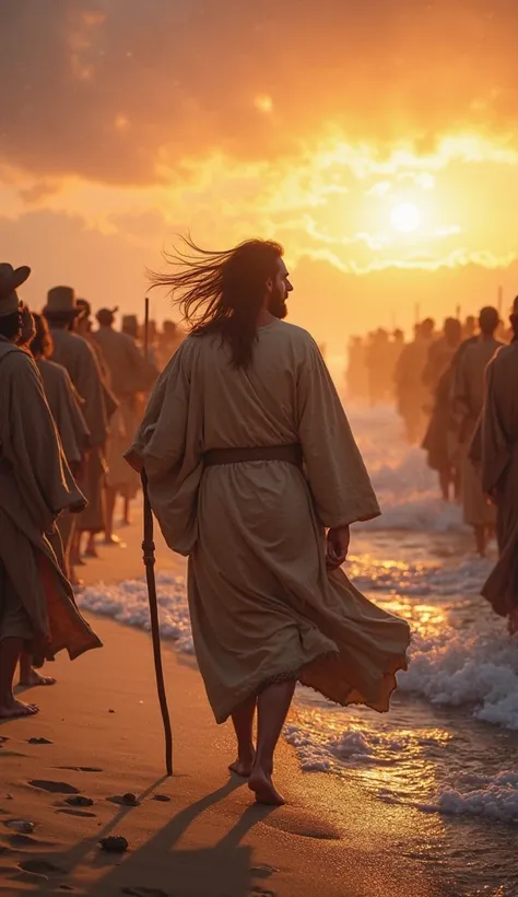 An ultra-realistic point-of-view image (throw), capturing the first-person perspective of Moses walking toward the Red Sea. The hands firmly hold the wooden staff, as the waves violently hit the sand ahead. The wind is blowing strong, shaking their robe an...