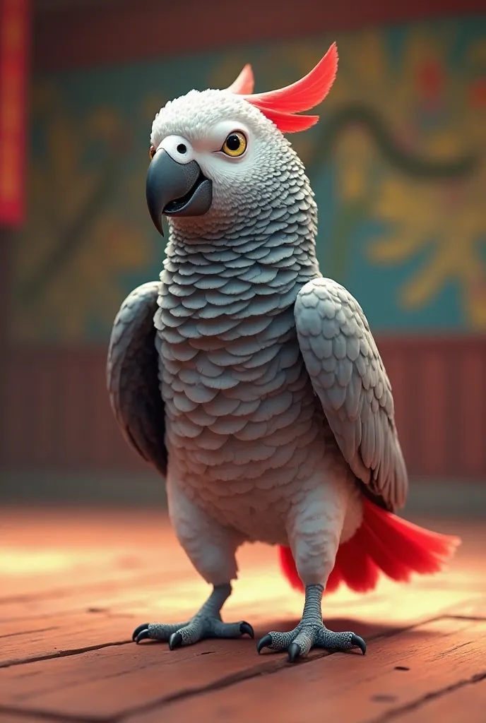 A pretty gray parrot from Gabon training in an animated karate hall 