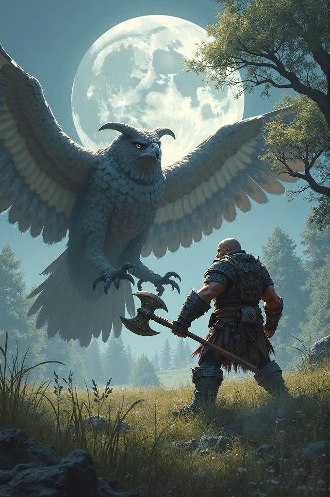 Dwarf warrior with battle axe fighting giant owl at night in open field