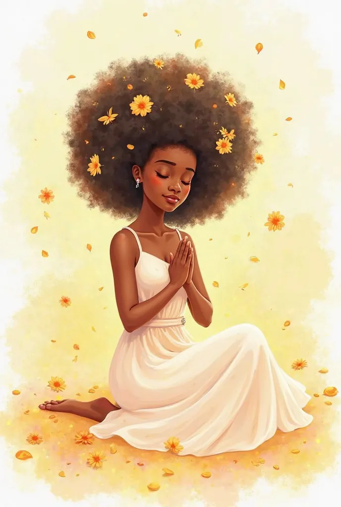 Create a whimsical and minimalist ren's book-style illustration. A serene Afro woman with voluminous curls adorned with delicate yellow and orange flowers sits gracefully in prayer. Her hands are gently clasped, eyes closed, radiating warmth and devotion. ...