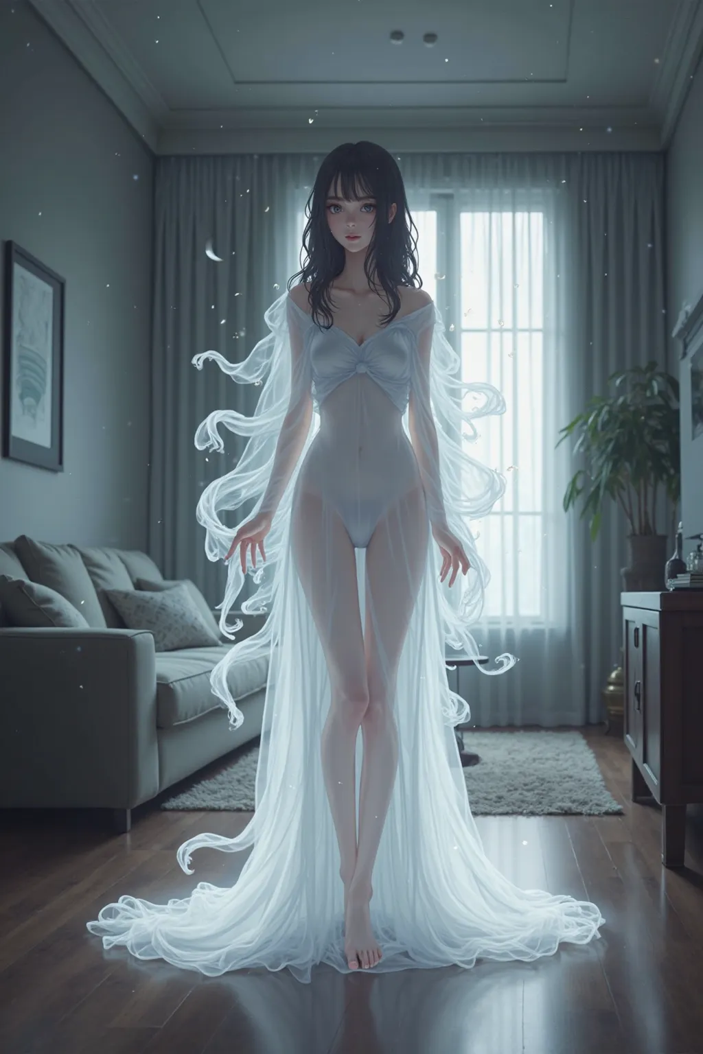 A female ghost, nineteen years old, smiling, seductive, floating white silk ribbons, inside a modern living room, in full view in a highly detailed anime style