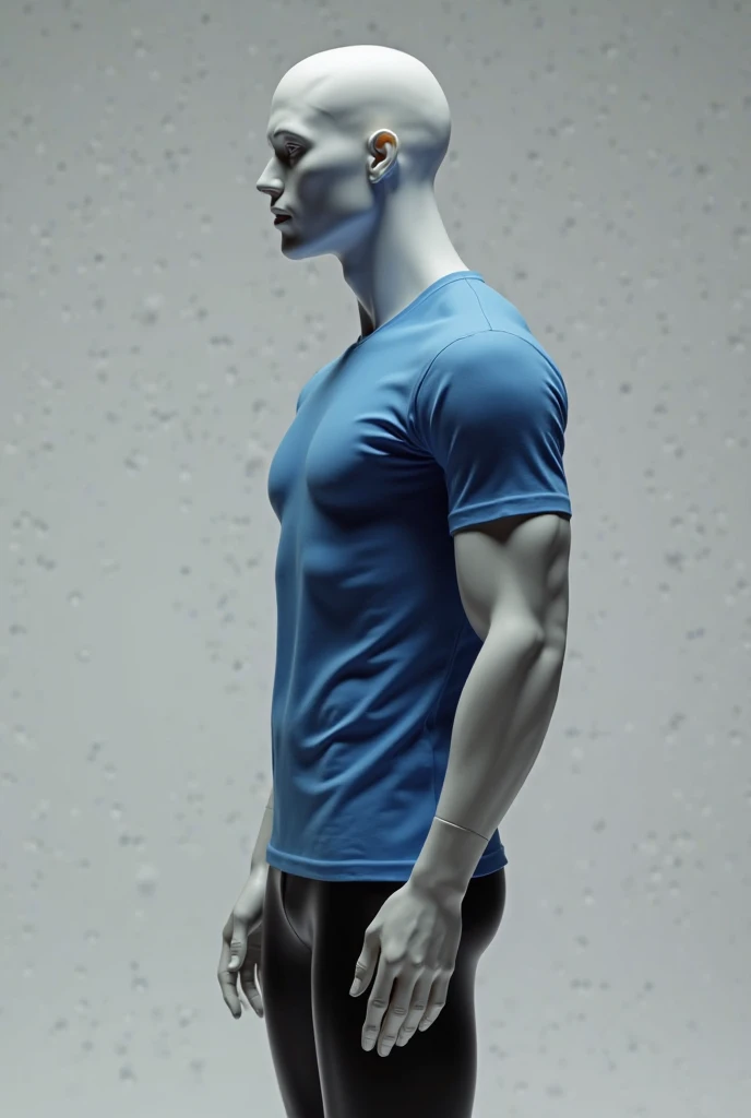 Create image of mannequin muscular man wearing long blue t-shirt with long black pants 