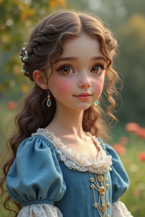 Make a young girl with an angelic face and well-designed features,  honey brown eyes, wearing a blue dress from the middle ages with white details, curly waves at the end of her hair and a background in the garden 