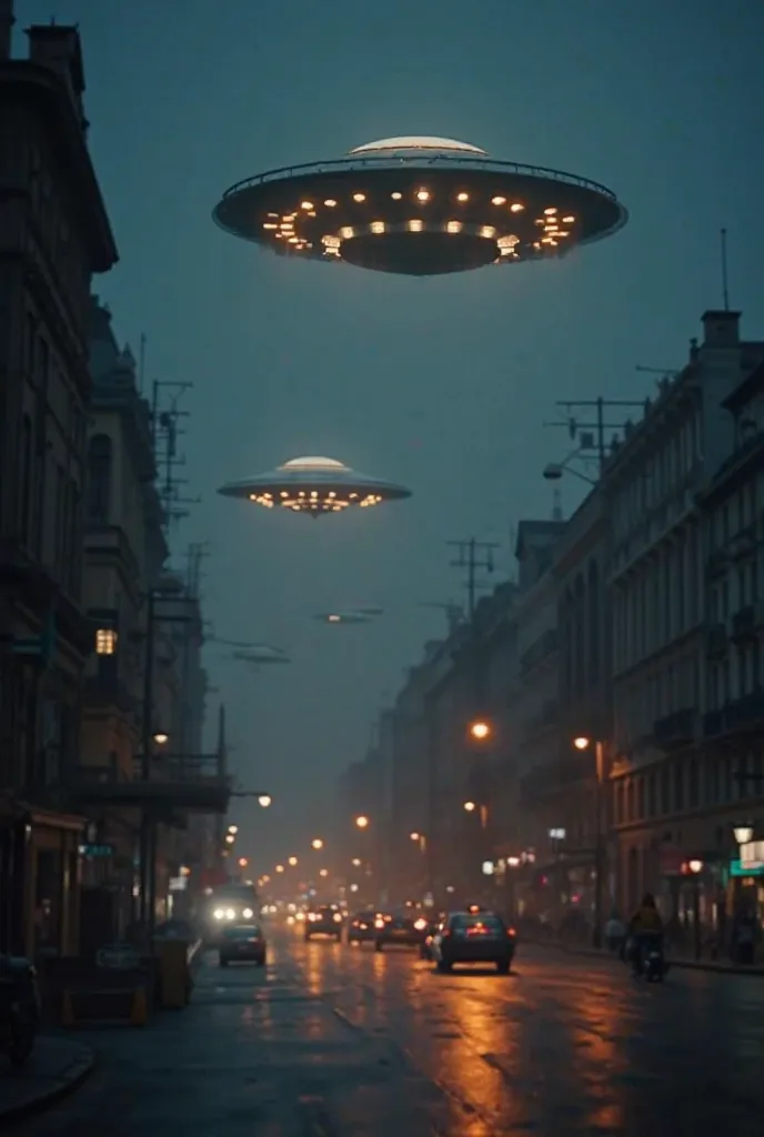 
Generate a realistic cinematic video of flying saucers hovering over an American city at night. The UFOs should move slowly, emitting bright lights, while the city below reacts with flickering lights and moving traffic. The atmosphere should be mysterious...