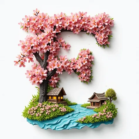 A 3D render of an acrylic art piece that spells out "E" The letter "E" is transformed into a delightful Spring wonderland, complete with cherry blossom
trees, a serene river, and a charming cabin. The intricate and imaginative display creates a magical atm...