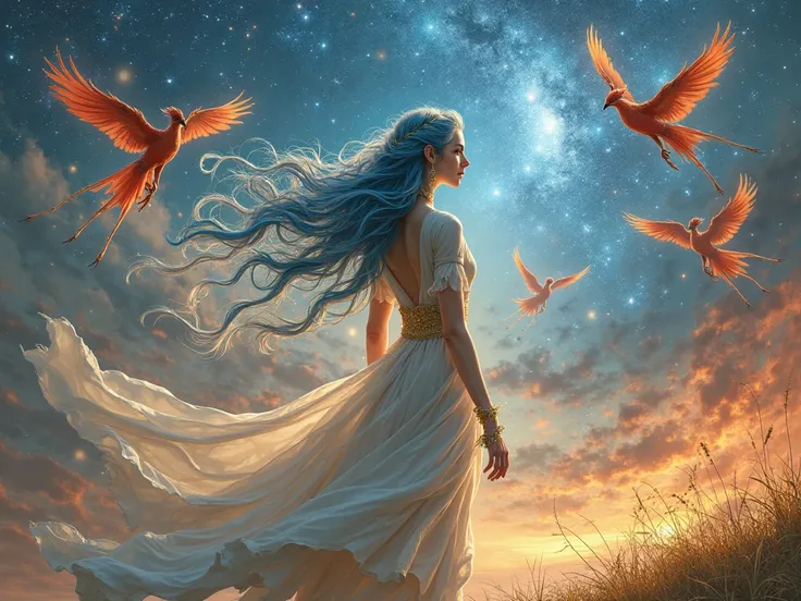 A female elf one meter and eighty tall, long wavy blue hair flying with the wind, With white and gold clothes flying with the wind, showing your whole body in front of the dimension of the galaxy, Walking toward the universe, Above her several phoenixes fl...