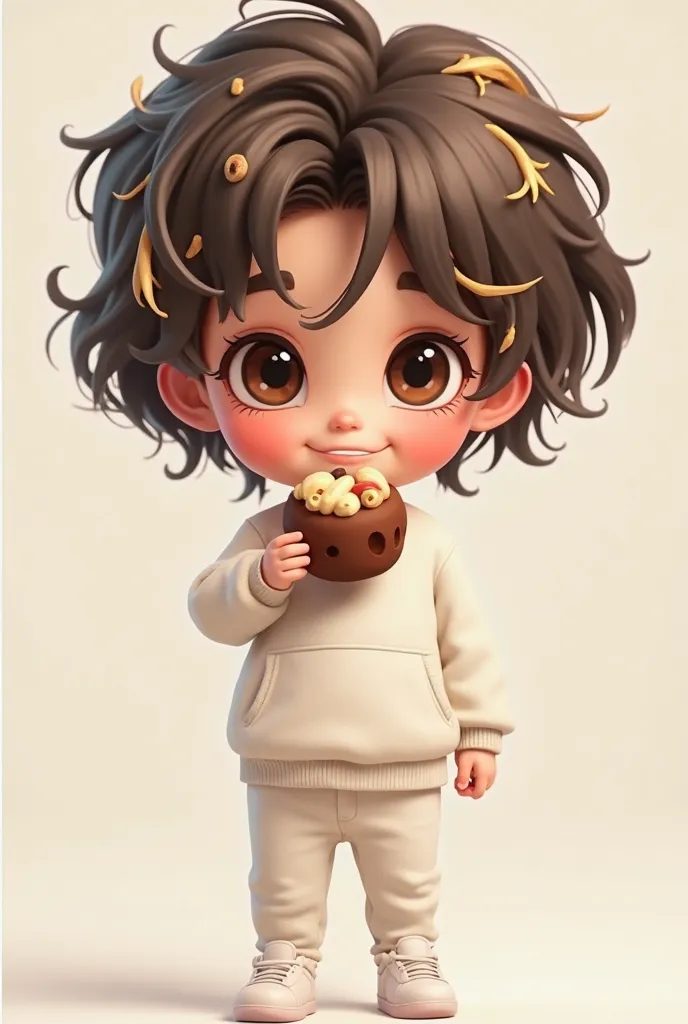 Create an Animation Character, confectioner, white with dark brown eyes, with a cute adult appearance, Dark brown hair with blond twigs, wearing a white dolman, white pants and little white shoe, that is holding a smiling fuet.