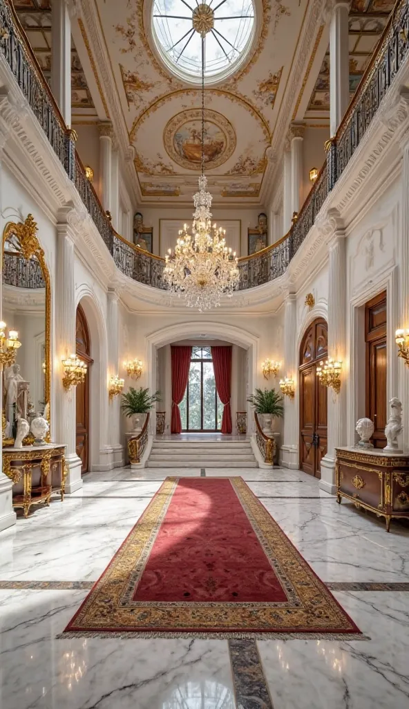 Detailed description of the main lobby of the luxury Italian villa:

1. General design:
The main lobby is spacious and luxurious, inspired by classic Italian architecture with modern touches. The floor is covered with luxurious white marble tiles with gold...