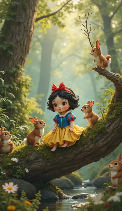 A cute little creature dressed like Snow White. She is sitting in the forest on a tree trunk and is surrounded by animals.

