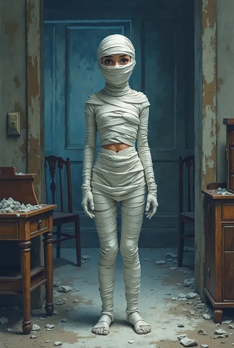 watercolor, cute, In a quiet room of an old mansion at night, a mummy girl wrapped in bandages stands. The bandages tightly cover her entire body, even hiding her face, but a slight glimpse of her navel adds to her presence. Her eyes are also hidden, but t...